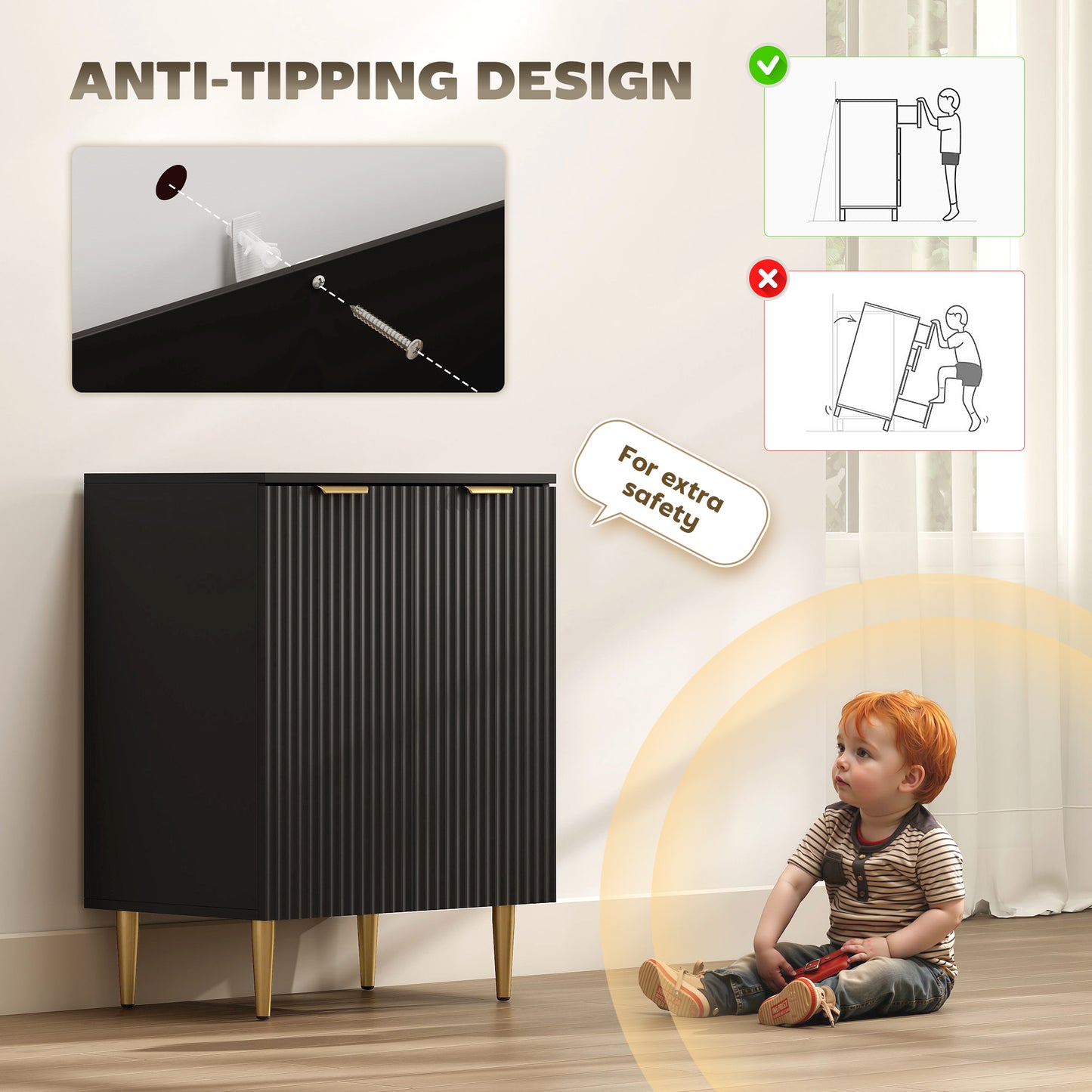 Sutto Black Etched Sideboard 2 Ribbed Doors Gold Accents