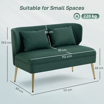 Madi Linen Effect Dark Green 2 Seater Sofa With Wingback Design And Gold Metal Legs