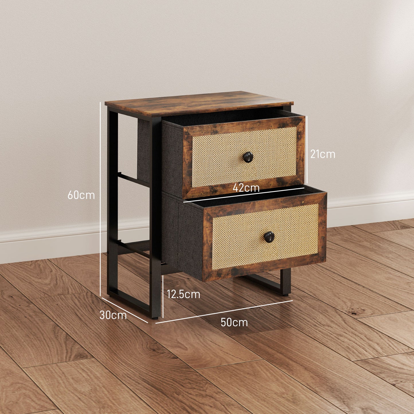 Lamilu Vesa Set Of 2 Rustic Brown Industrial Natural Style Bedside Tables 2 Drawers