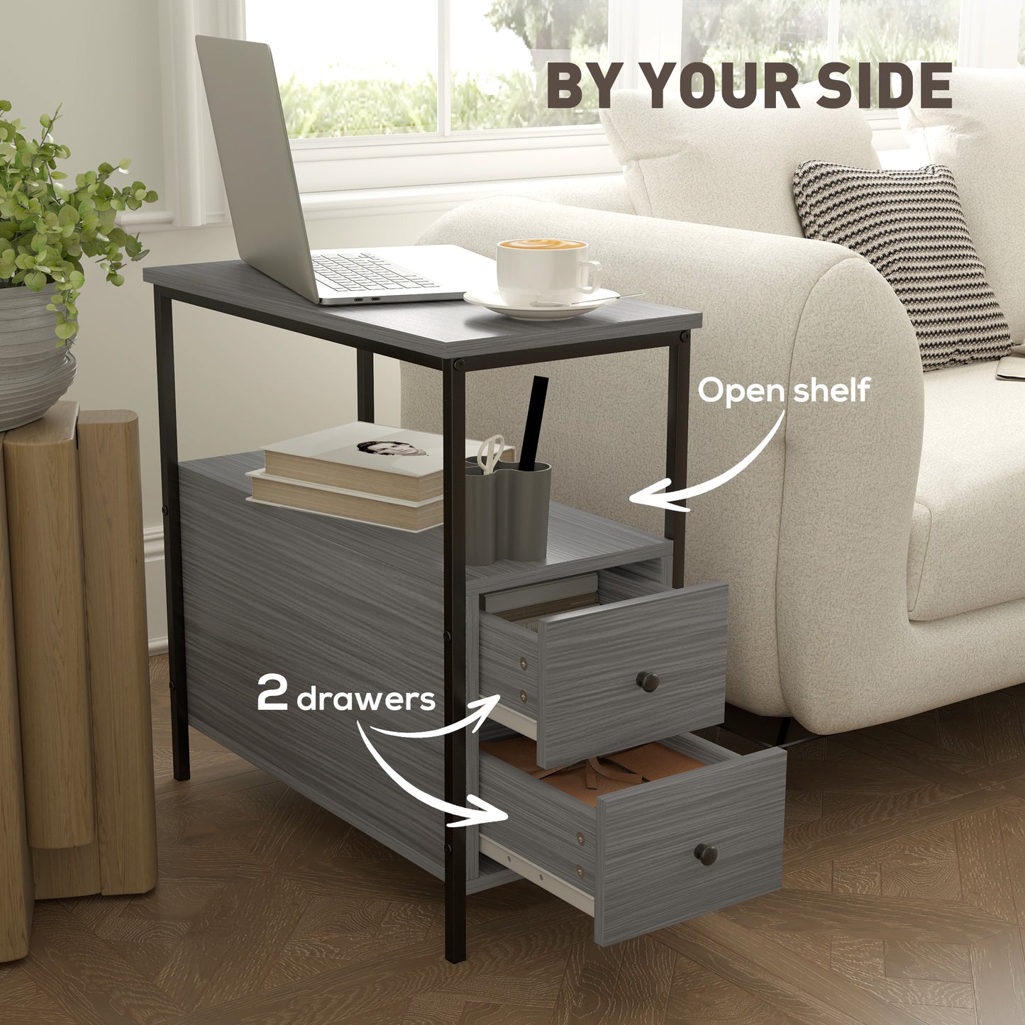 Loto Wooden Grey Wood Effect Narrow Bedside Table With 2 Drawers And Top Shelf