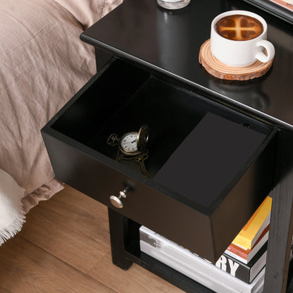 Vidodo Black Wooden Bedside Table With Drawer X Bar Base And Lower Shelf