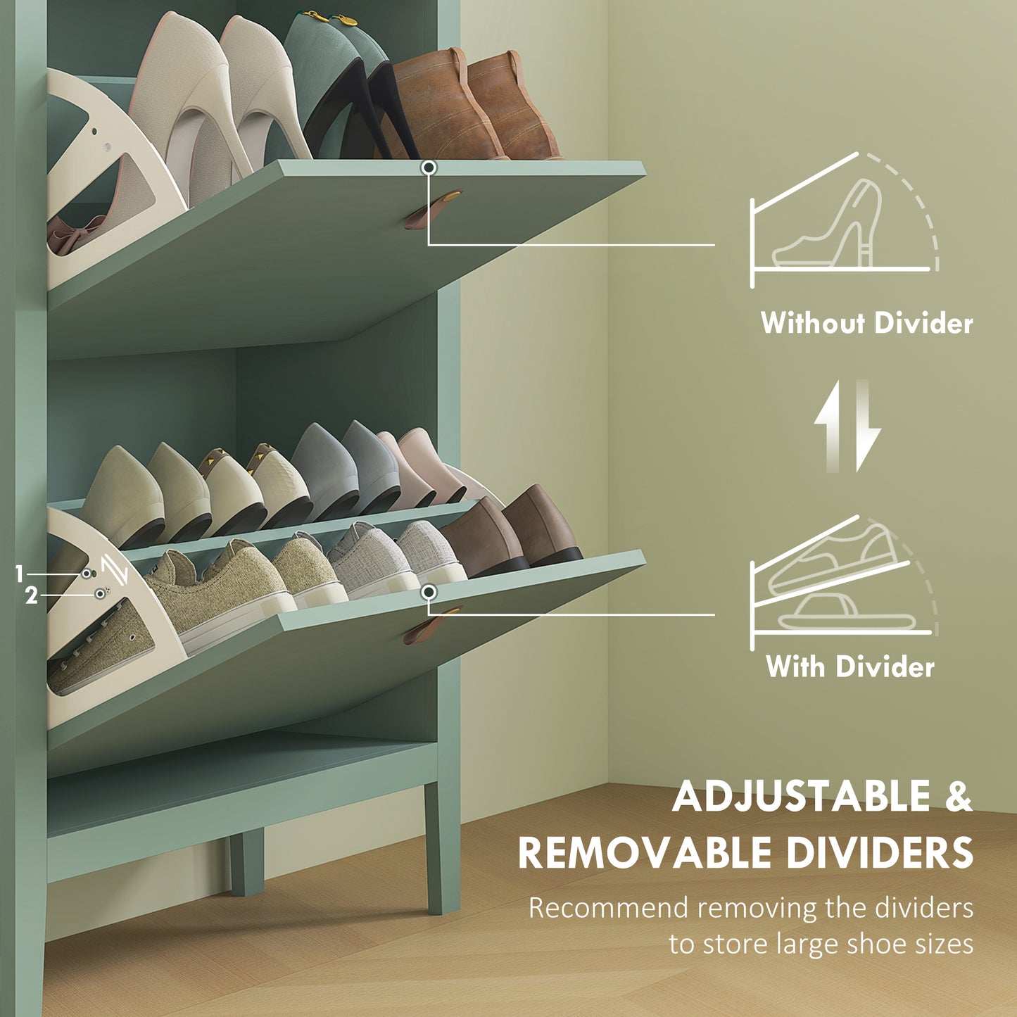 Sela Wooden Mint Green Modern 2 Drawer Shoe Cabinet  Faux Leather Handles
