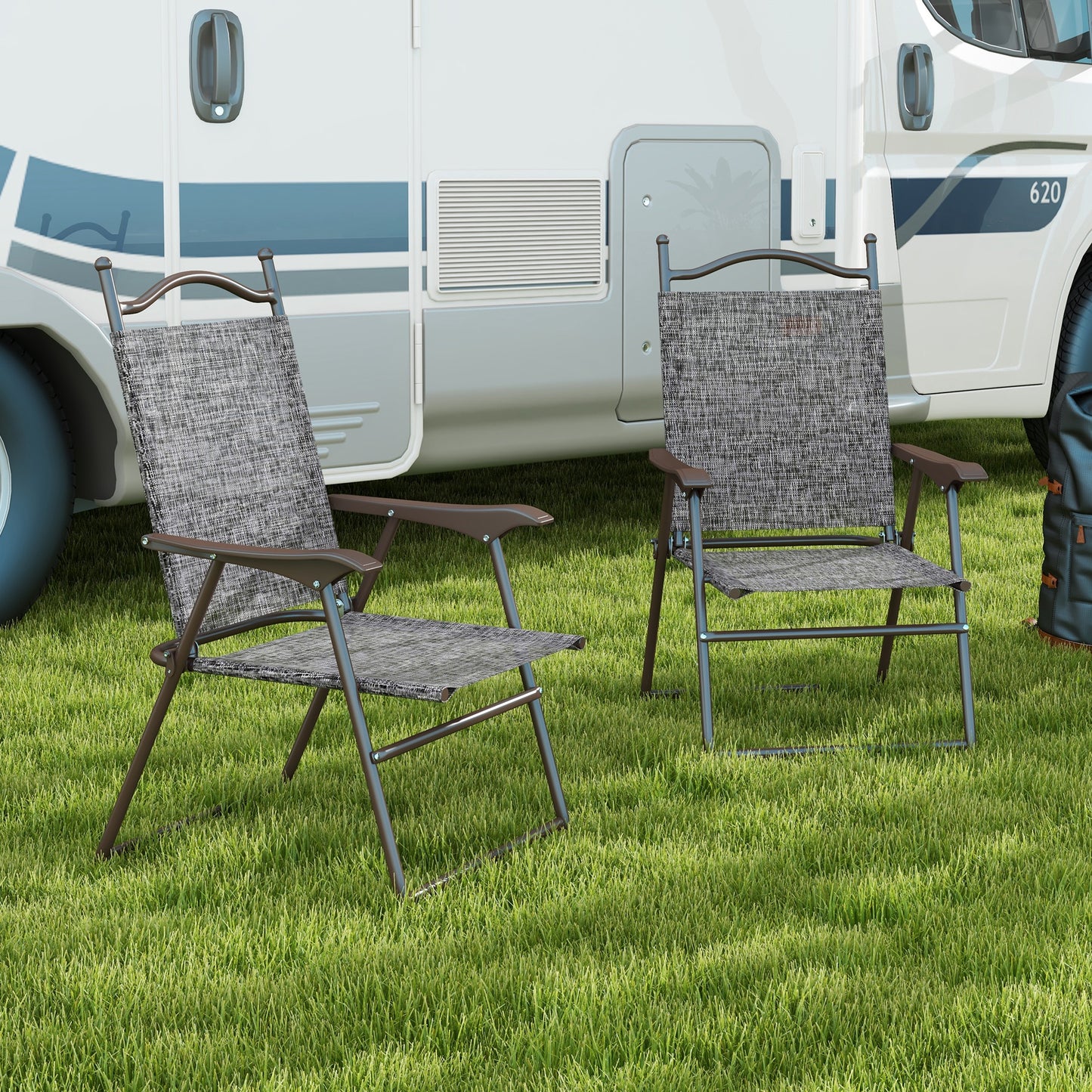 Hael Set Of 2 Metal Grey Folding Garden Chairs With Fabric Mesh Seats