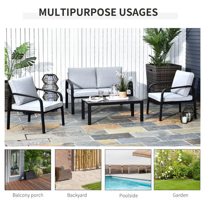 Salela 4 Seater Light Grey Garden Sofa Set with Sofa 2 Armchairs and Coffee Table Black Aluminium Frame