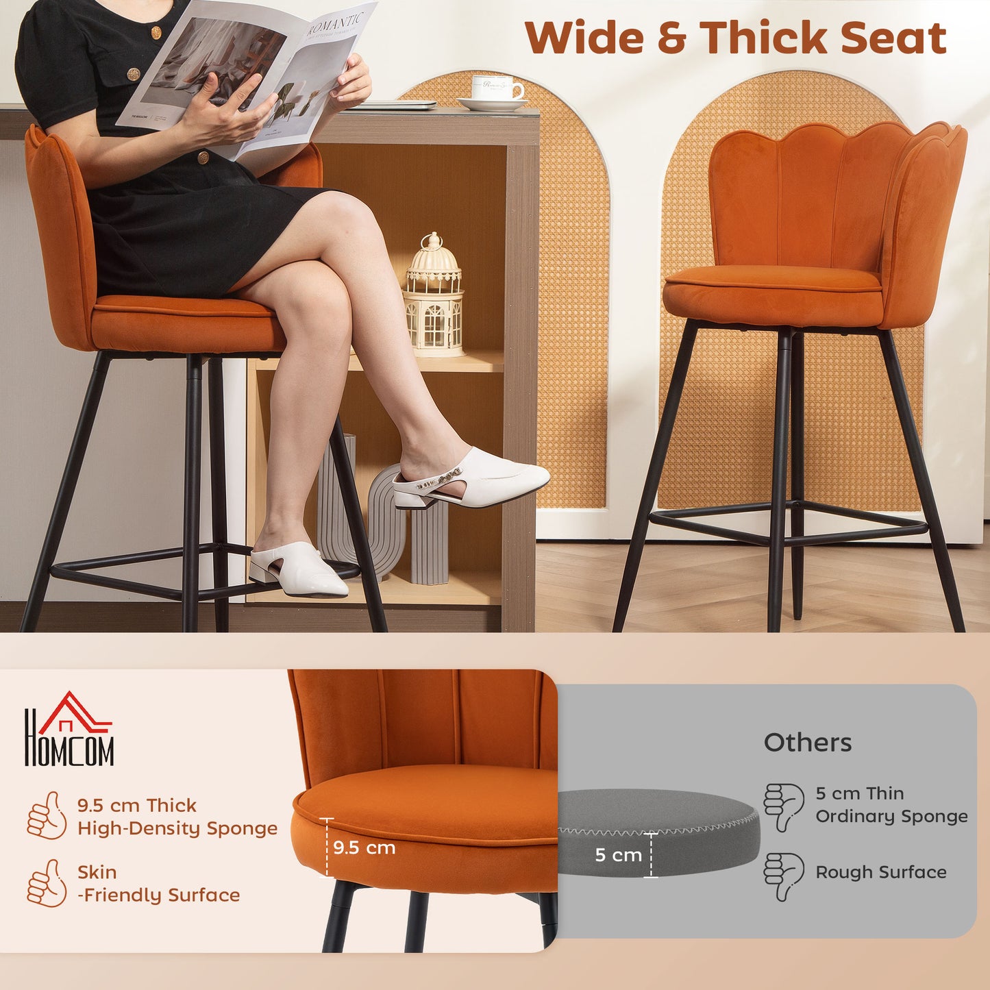 Nivi Set Of 2 Orange Velvet Upholstered Lotus Design Bar Stools