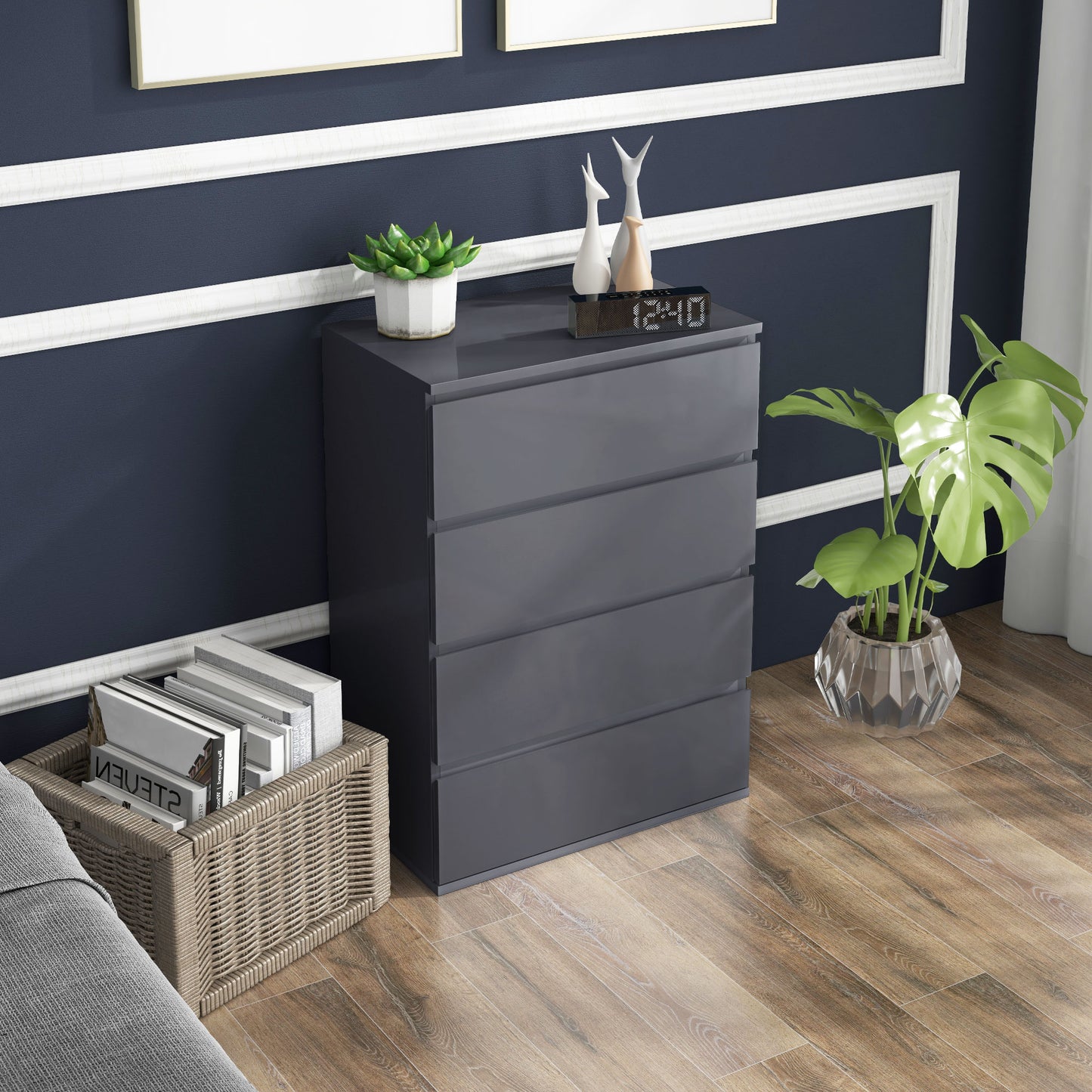 Valo Leha High Gloss Grey 4 Drawer Chest Of Drawers With Modern Storage Design