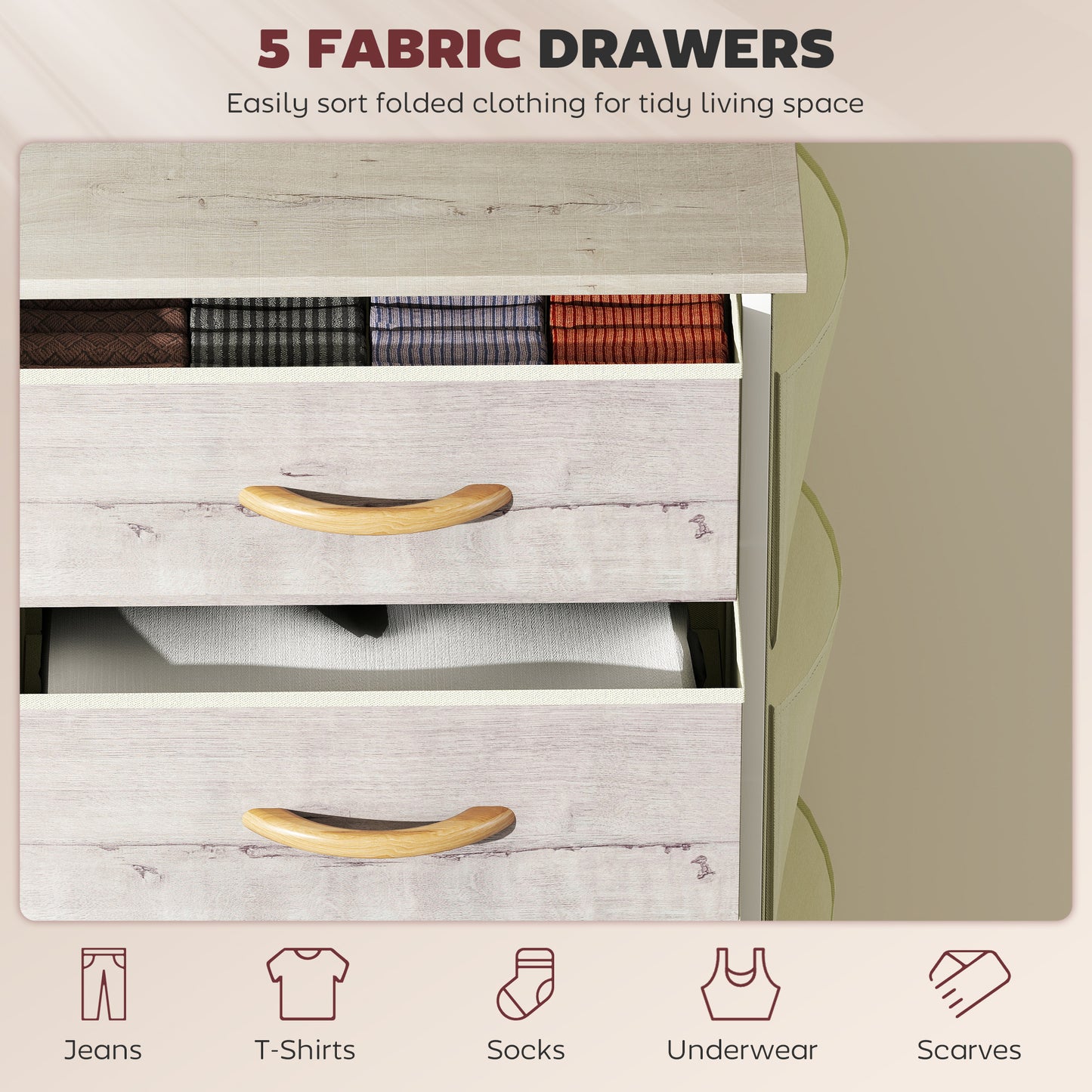 Sudo Fabric And Metal Natural Wood Finish 5 Drawer Storage Chest