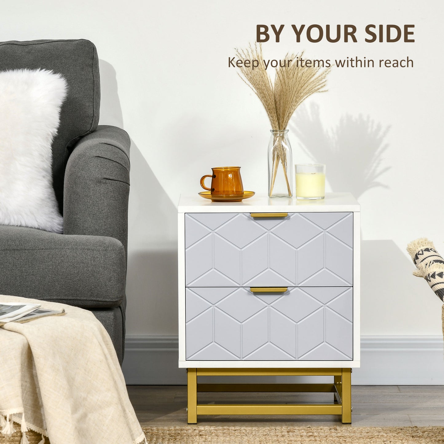 Ranere Metal Grey And White Set Of 2 Bedside Tables 2 Drawers with Gold Accents