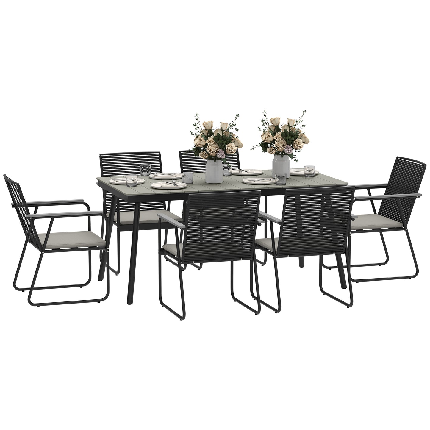 6 Seater Garden Dining Set featuring Soft Cushions Rattan Backrest Rectangular Plastic Top Garden Furniture Set Outdoor Dining Table & Chairs for Patio Balcony Poolside Grey