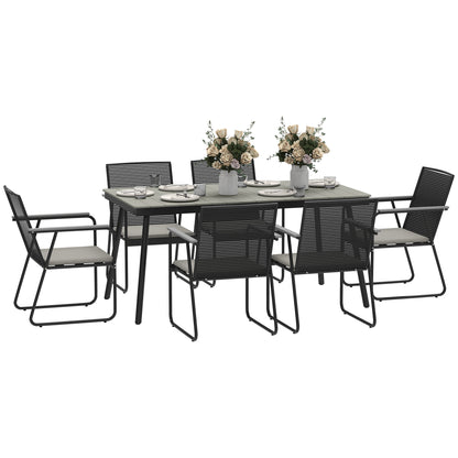 Karutte 6 Seater Garden Dining Set featuring Soft Cushions Rattan Backrest Rectangular Plastic Top Garden Furniture Set Outdoor Dining Table & Chairs for Patio Balcony Poolside Grey