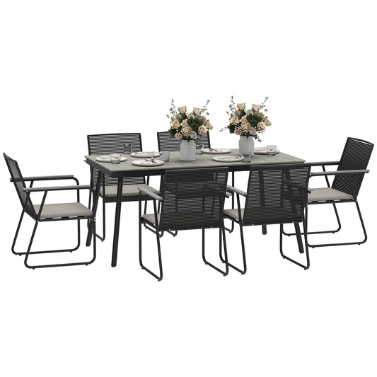 6 Seater Garden Dining Set featuring Soft Cushions Rattan Backrest Rectangular Plastic Top Garden Furniture Set Outdoor Dining Table & Chairs for Patio Balcony Poolside Grey