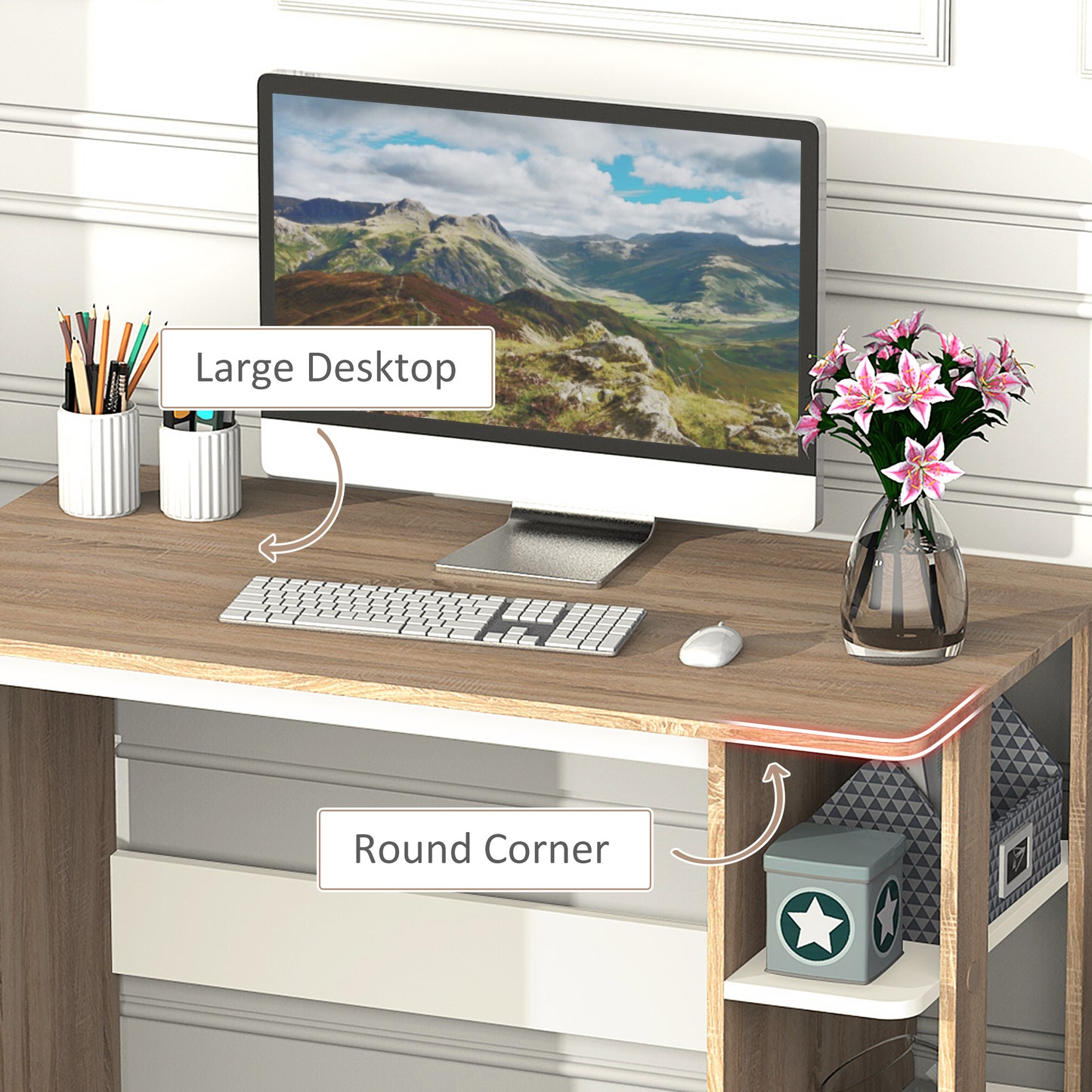Halama 100cm Wooden Oak And White Writing Desk With 3 Tier Storage Shelving