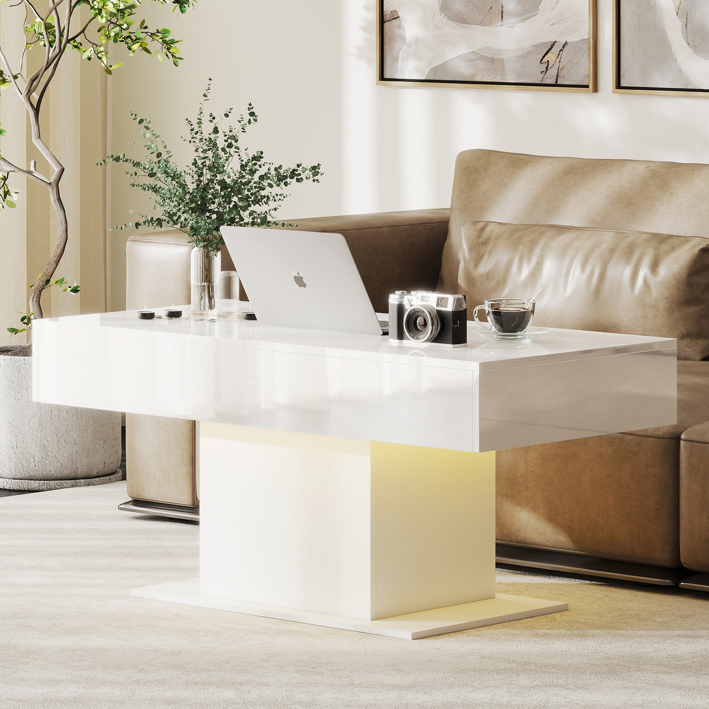Mara High Gloss White Extendable Coffee Table With LED Lighting And Storage