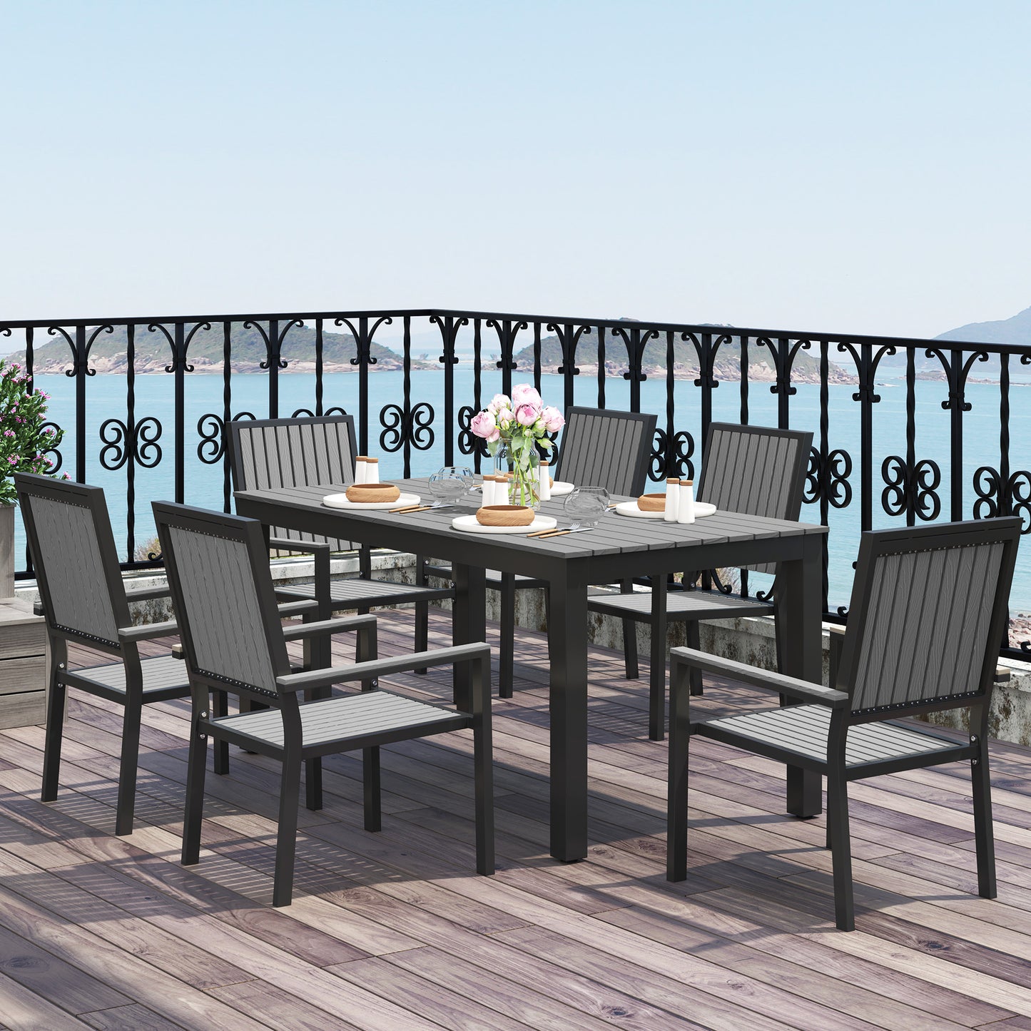 Tala  6 Seater Grey Garden Dining Set with Stackable Chairs Rectangular Table