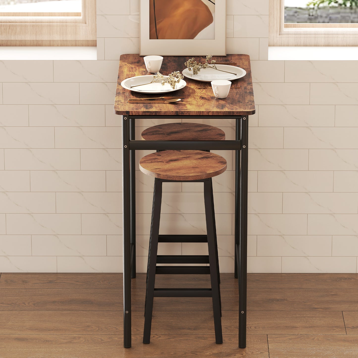Rema Set Of 2 Rustic Brown Industrial Round Bar Stools With Footrest 65cm