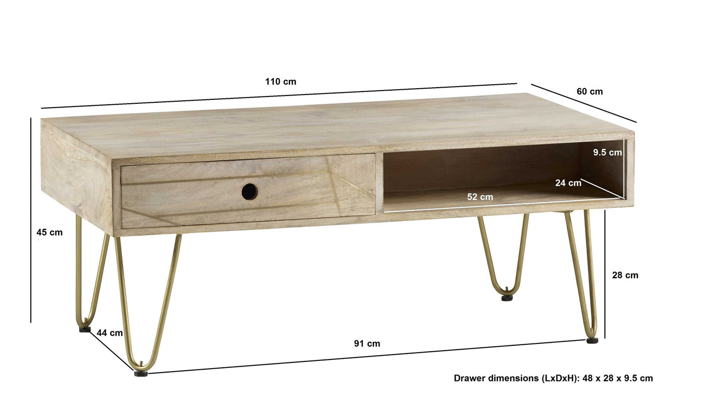 Bali Light Natural Mango Wood and Gold Coffee Table 1 Drawer 1 Open Shelf