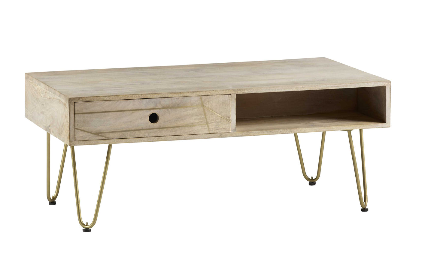 Bali Light Natural Mango Wood and Gold Coffee Table 1 Drawer 1 Open Shelf