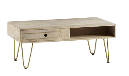 Bali Light Natural Mango Wood and Gold Coffee Table 1 Drawer 1 Open Shelf