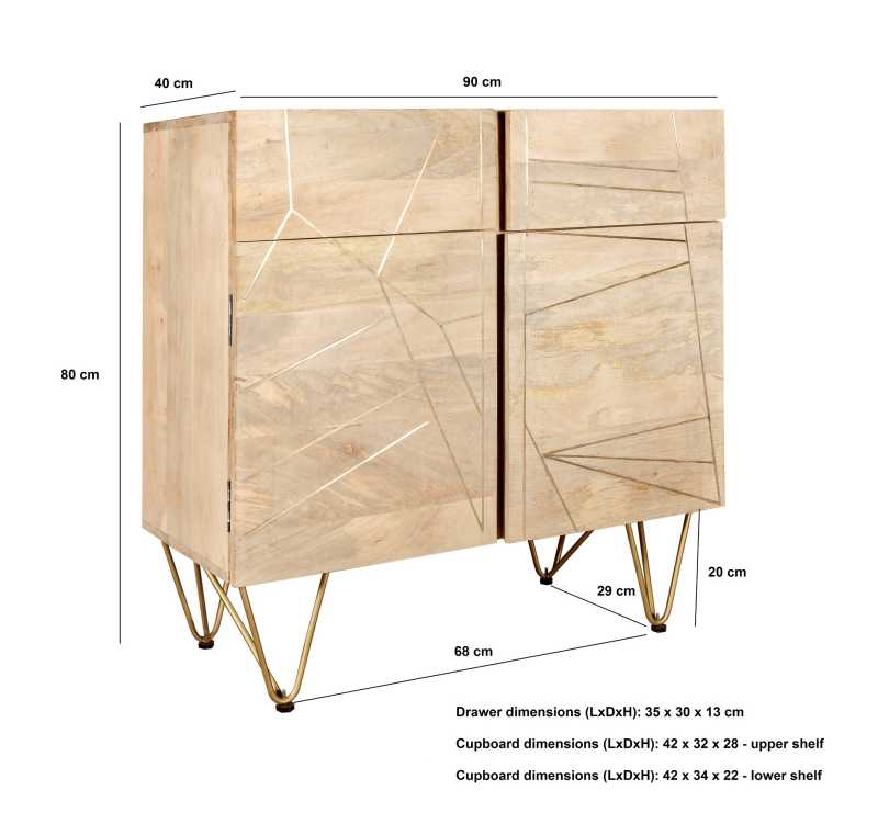 Bali Light Natural Mango Wood and Gold Sideboard 2 Drawers 2 Doors 2 Shelves