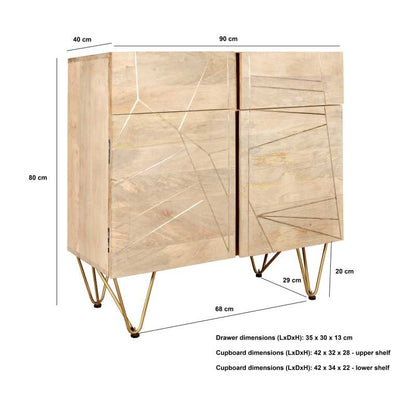 Bali Light Natural Mango Wood and Gold Sideboard 2 Drawers 2 Doors 2 Shelves