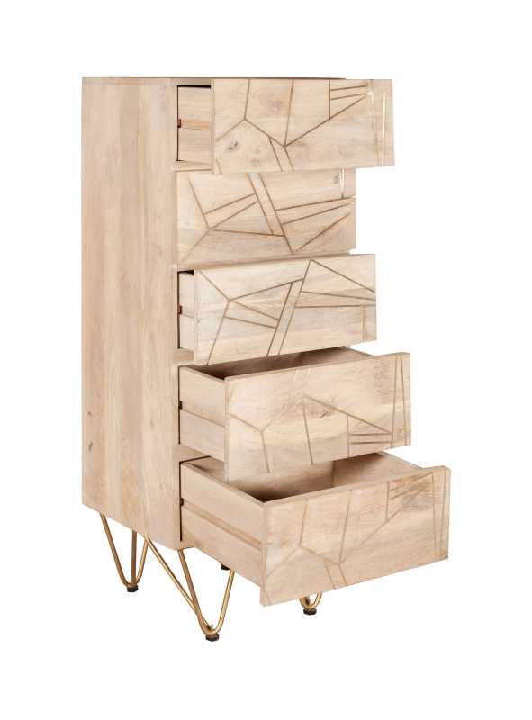Bali Light Natural Mango Wood and Gold Modern Tall 5 Drawer Storage Chest