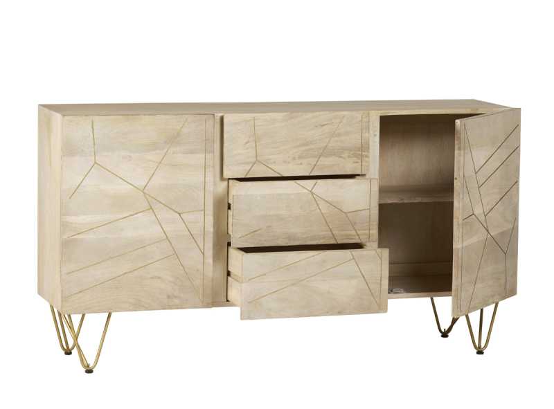 Bali Light Mango Wood Gold Extra Large Sideboard 3 Drawers 2 Doors