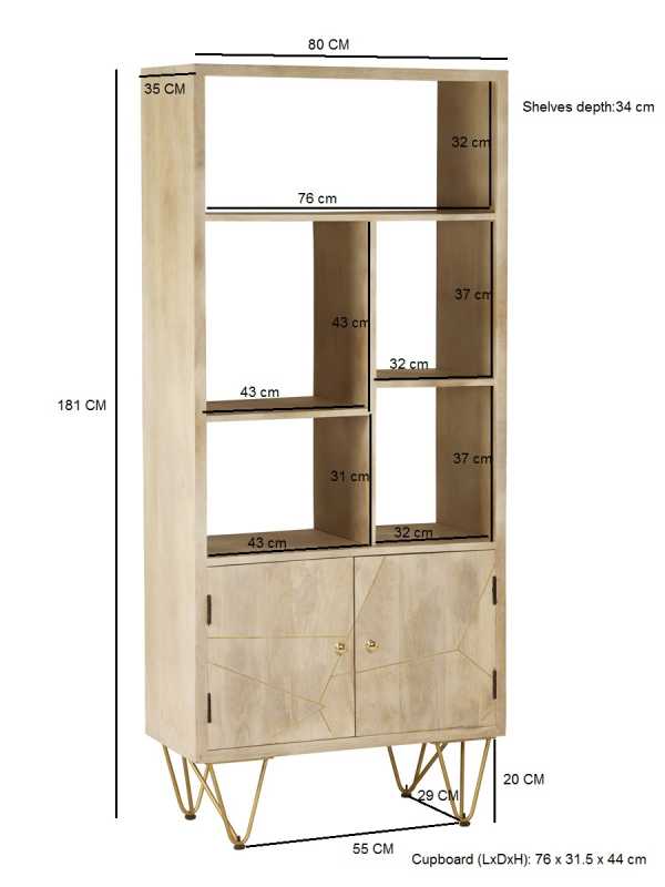 Manila Light Gold Large Bookcase 2 Doors 5 Shelves