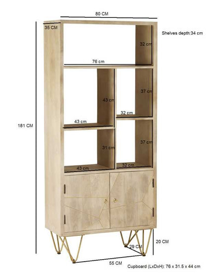 Manila Light Gold Large Bookcase 2 Doors 5 Shelves
