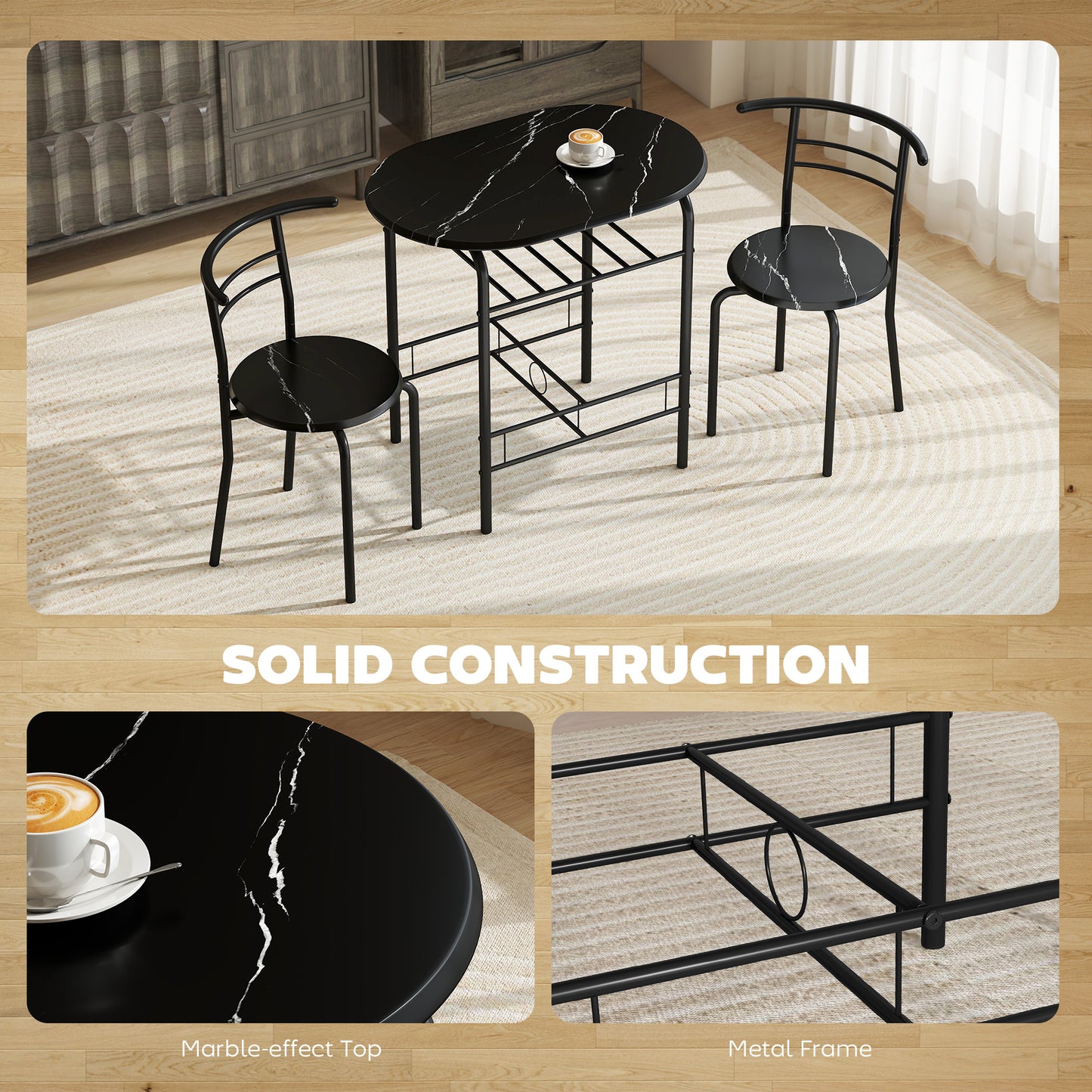 Tolo Black Compact 3 Piece Dining Table And Chair Set