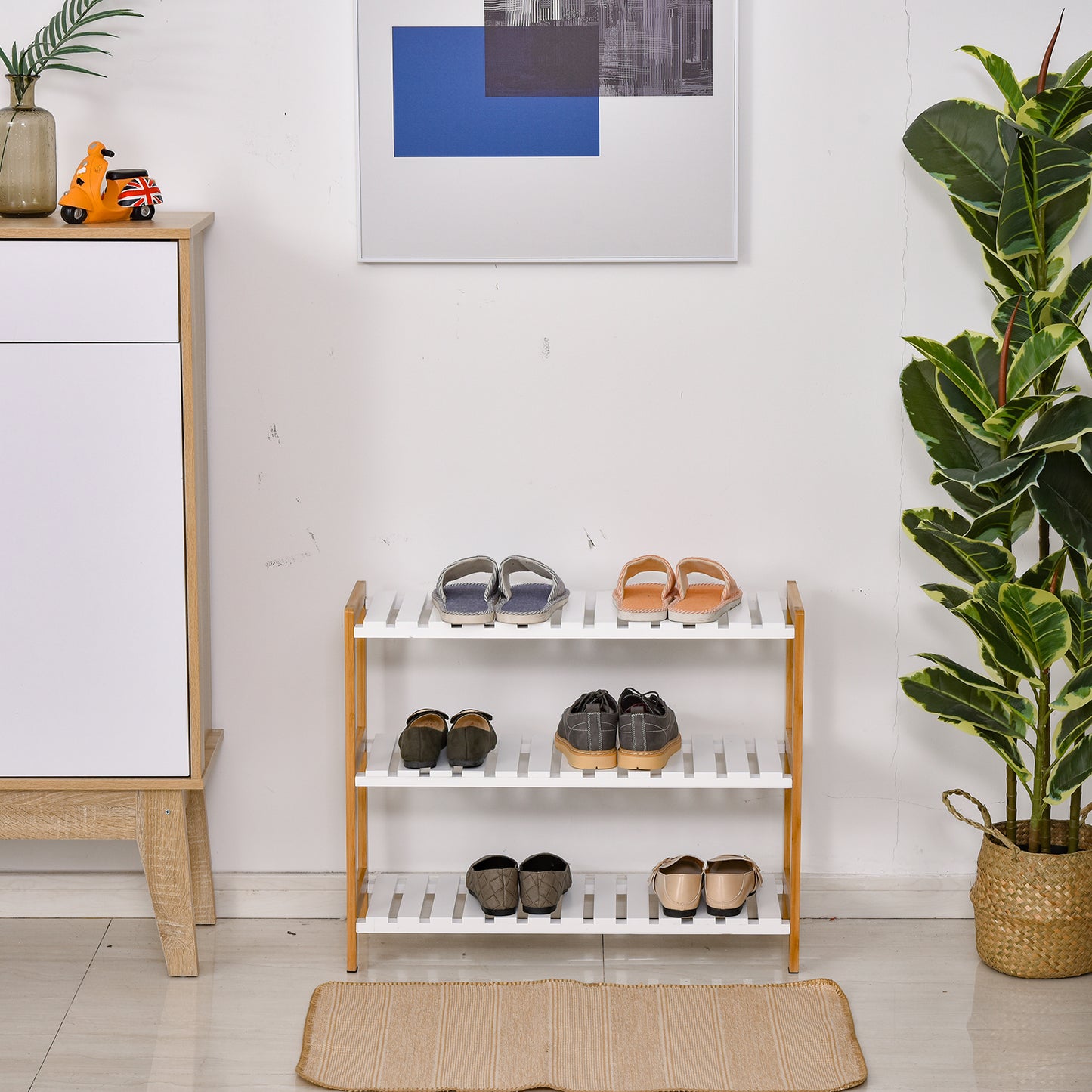 Roello Elta Wooden Natural and White 3 Tier Shoe Rack With Slatted Shelves