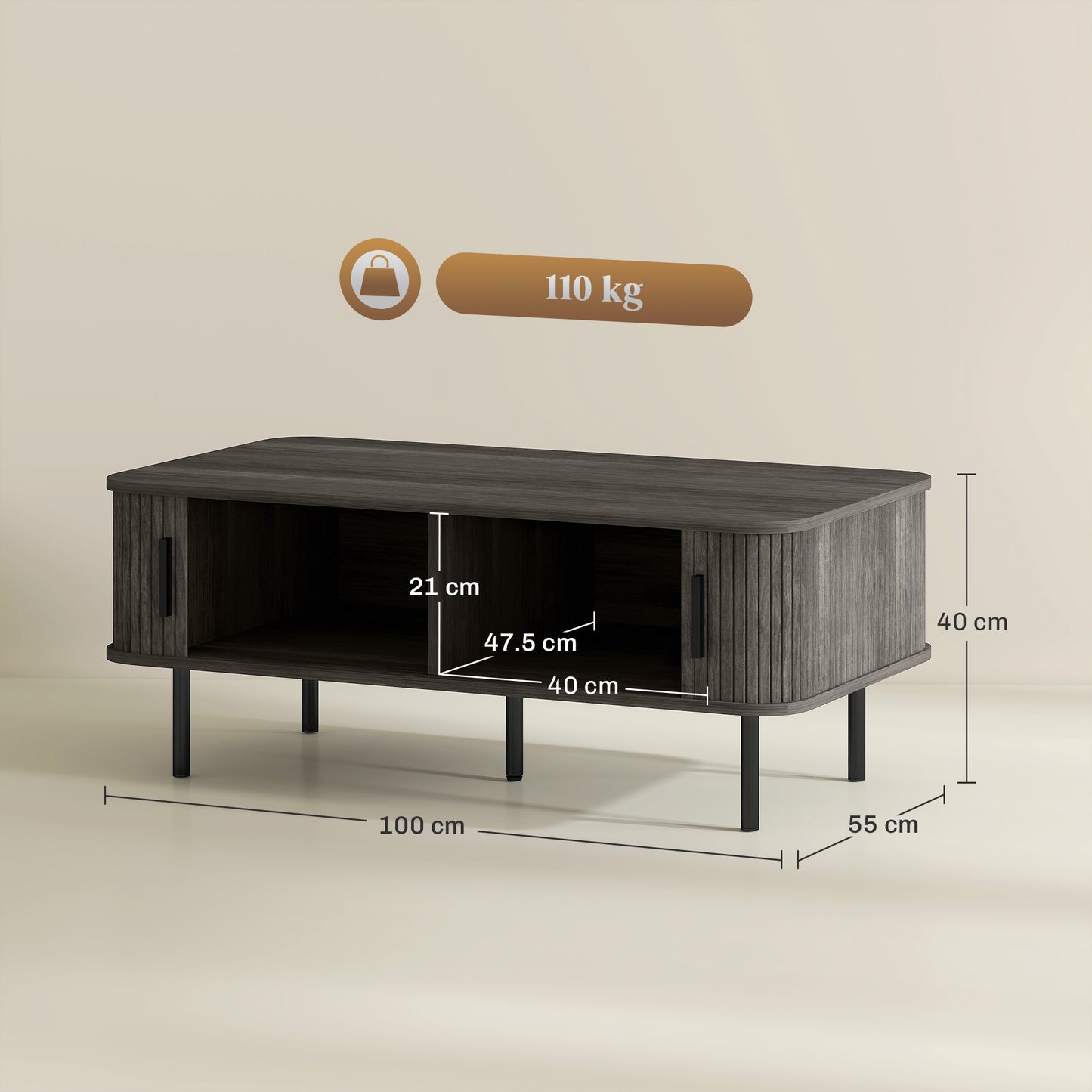 Yocoma Wooden Grey Wood Effect Rectangular Coffee Table With Tambour Doors
