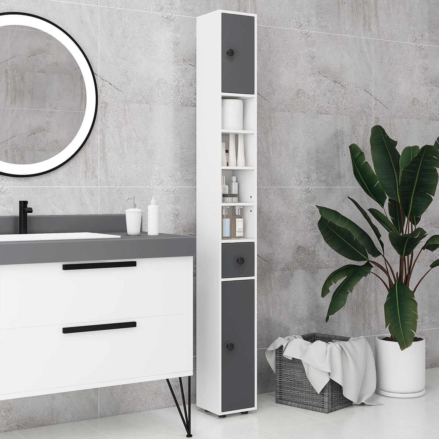 Fidire Tall Slim Grey Bathroom Storage Cabinet With Drawers Shelves And Cupboards