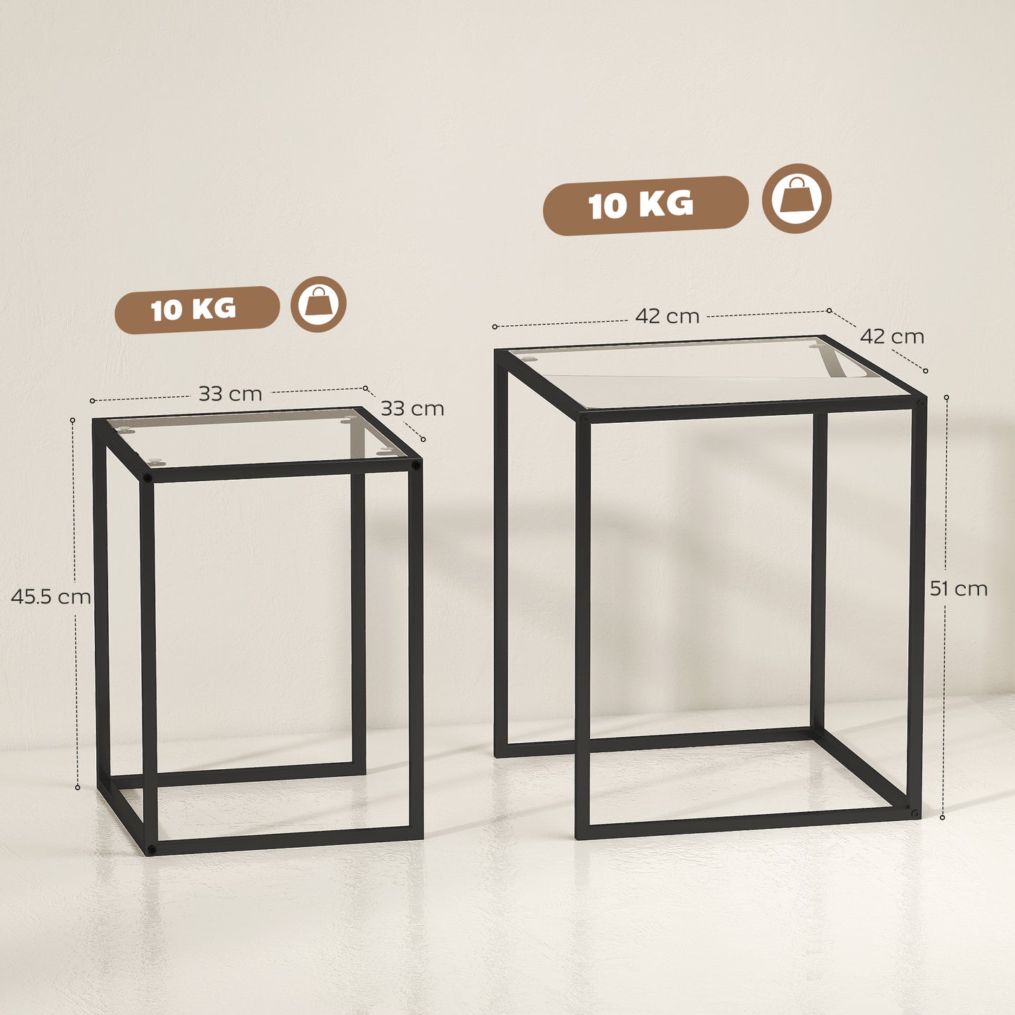 Riraro Metal Black Set Of 2 Nesting Side Tables With Glass Tops