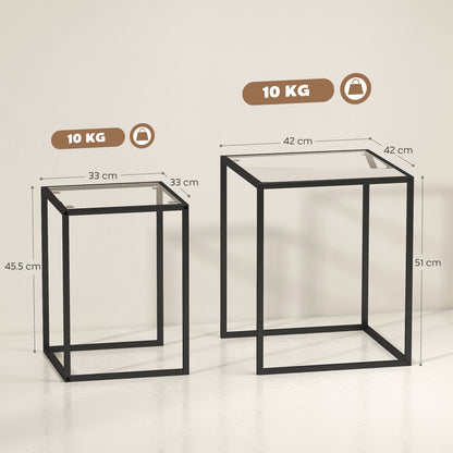 Riraro Metal Black Set Of 2 Nesting Side Tables With Glass Tops