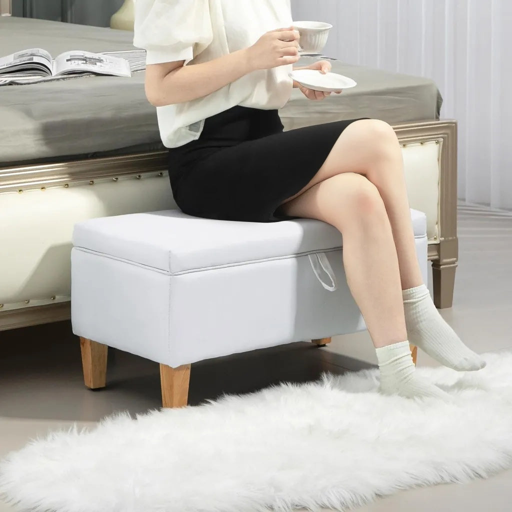 Mael Linen White Storage Ottoman With Padded Seat