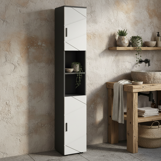 Nomalo Tall Minimalist Bathroom Storage Cabinet With Line Embossed Front And Adjustable Shelves Grey