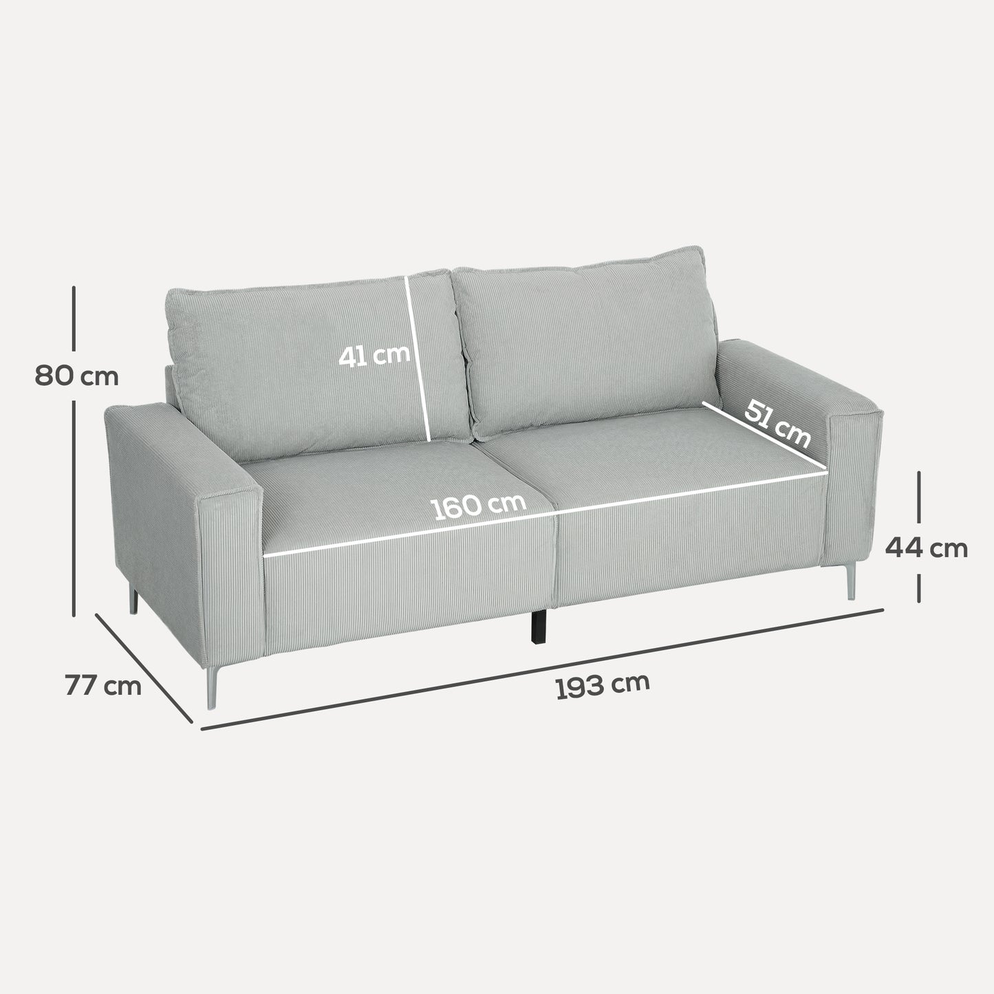 Pael Corduroy Light Grey 3 Seater Sofa Silver Metal Legs