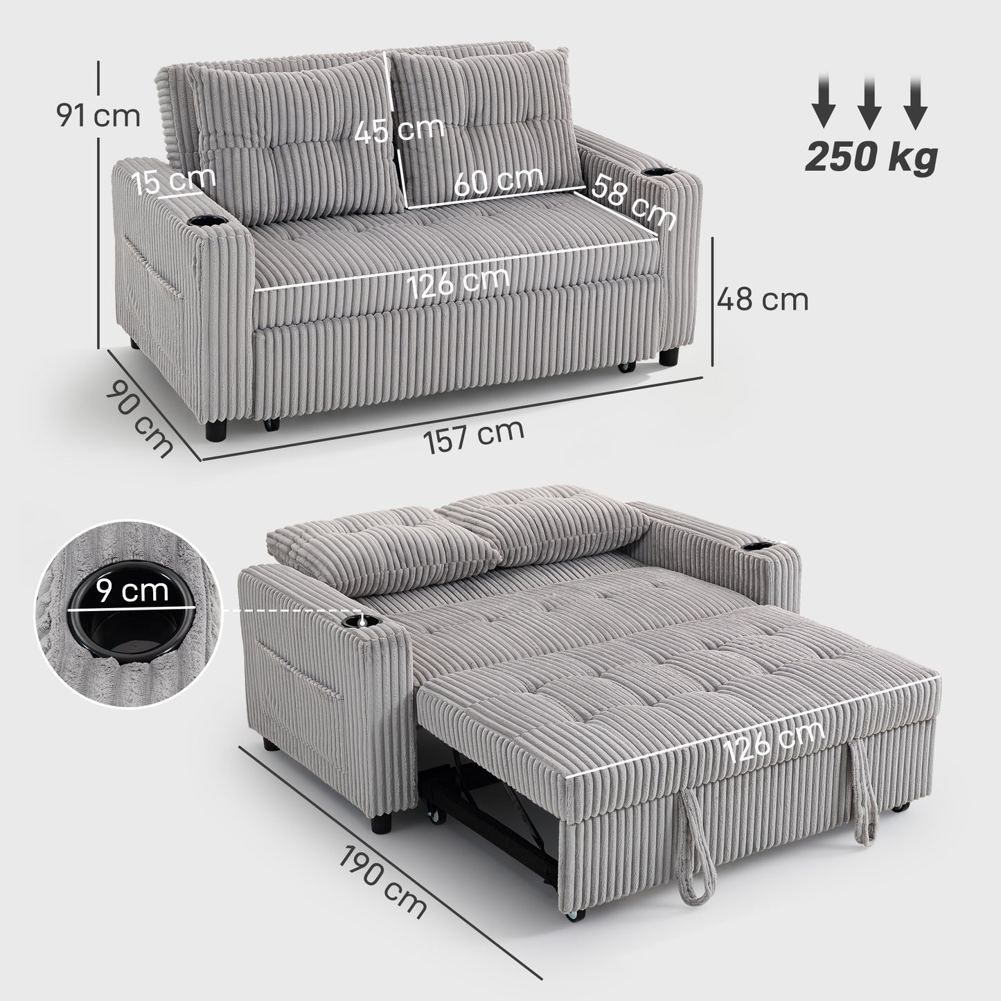 Lore Light Grey Corduroy 2 Seater Click Clack Sofa Bed