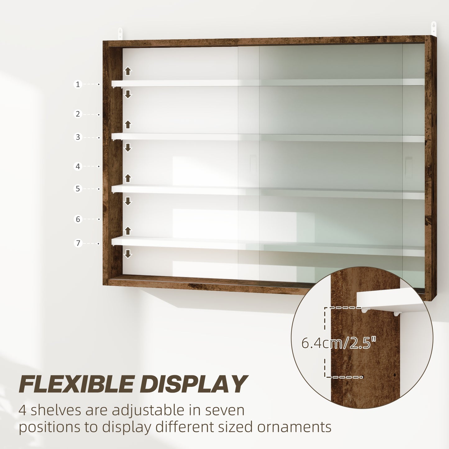 Fitora Wood And Glass Rustic Brown 5 Tier Wall Display Cabinet With Adjustable Shelves 60 x 80 cm