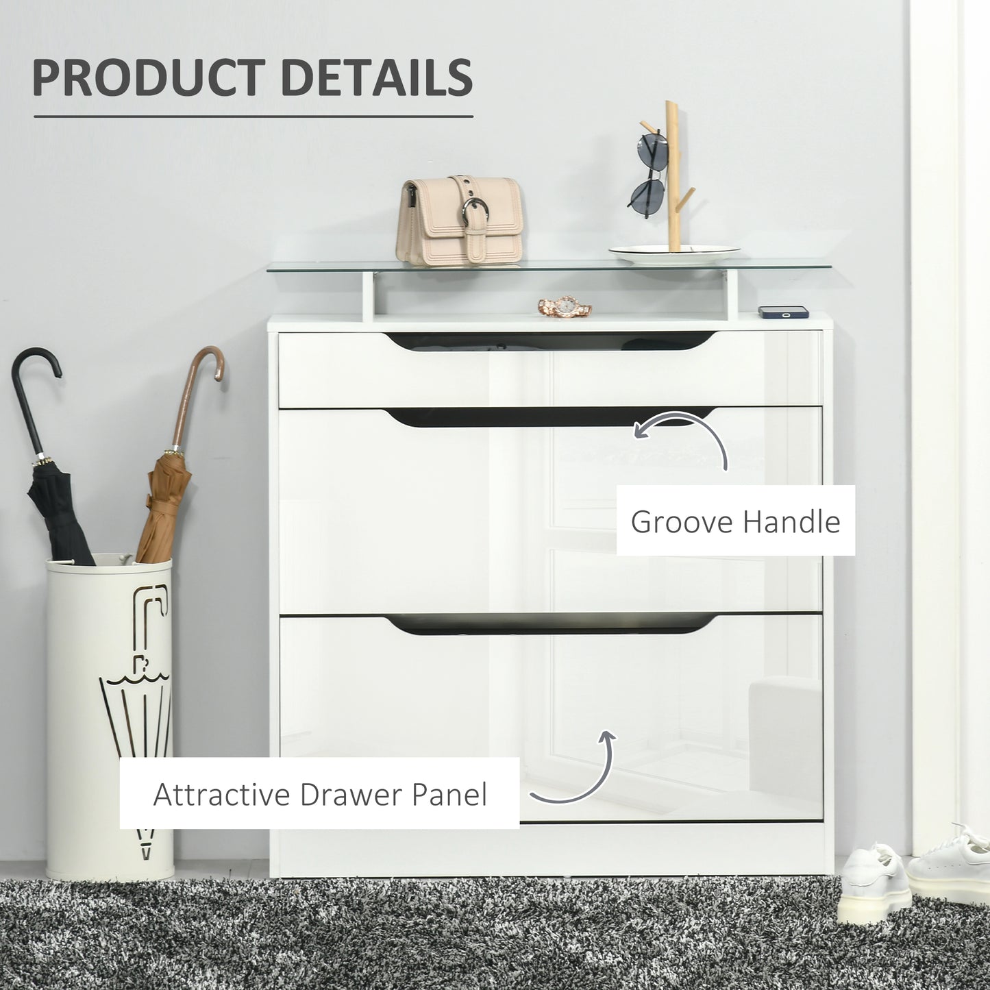 Masola Wooden White Shoe Cabinet With Sliding Drawer 2 Flip Doors And Glass Top