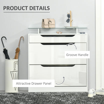 Masola Wooden White Shoe Cabinet With Sliding Drawer 2 Flip Doors And Glass Top
