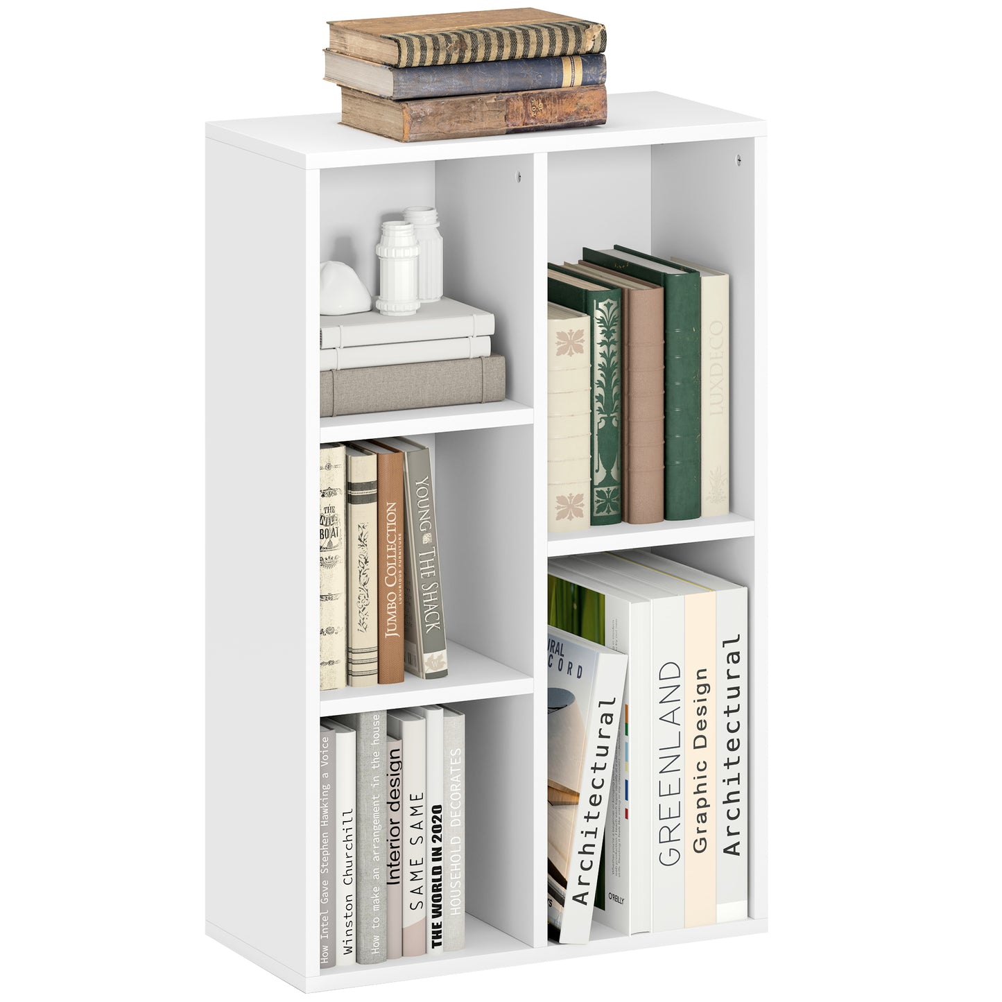 Sovi Wood White 2 Tier Bookcase With 5 Storage Compartments