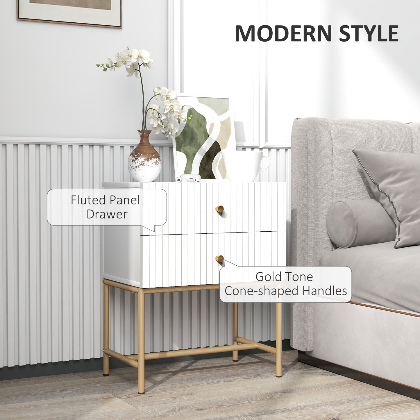 Lelu Rata White and Gold Elegant 2 Drawer Ribbed Bedside Table