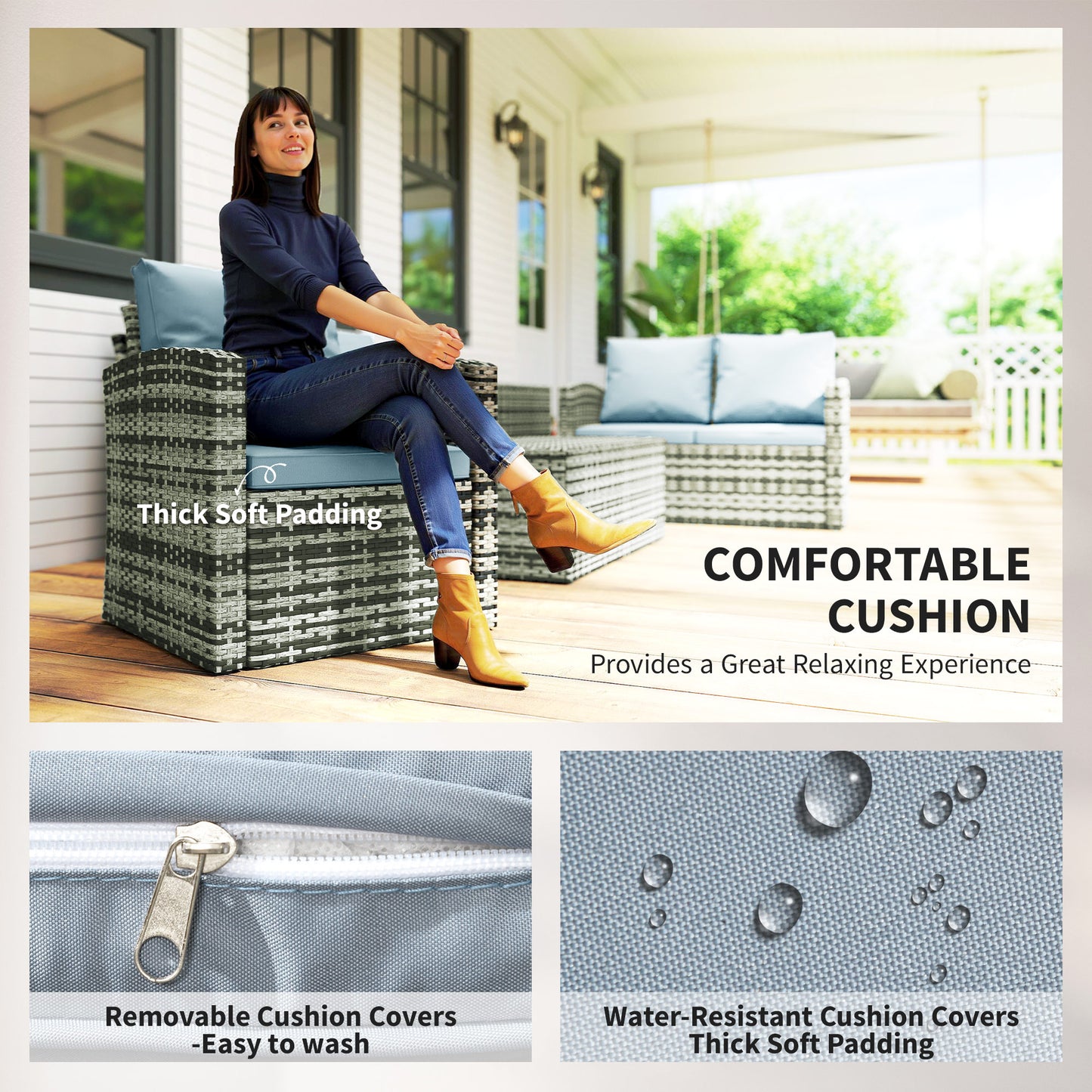 Vaveyo Rattan Grey 7 Seater Outdoor Sofa Set With Storage Tables And Cushions
