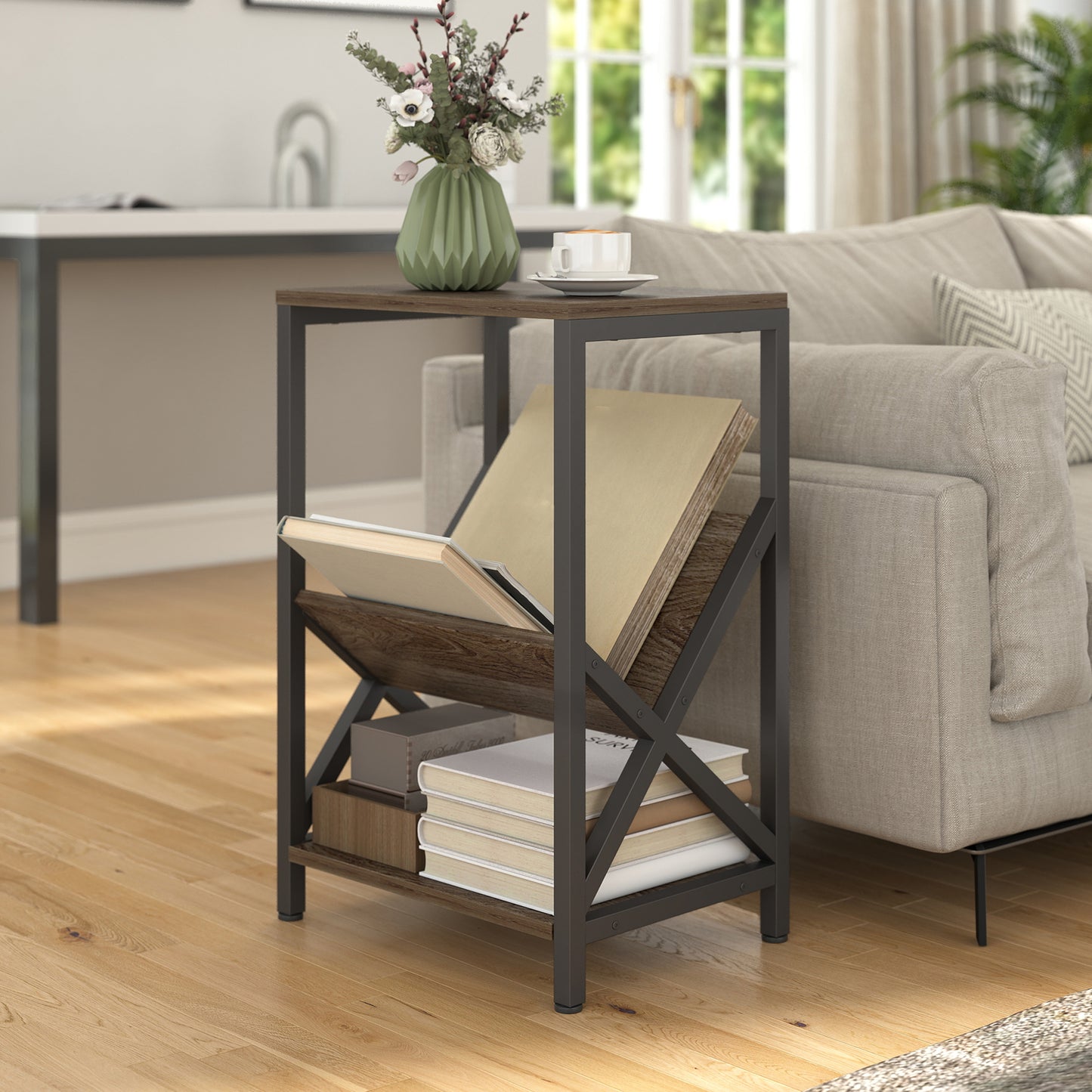 Elfi Nere Wooden Oak Narrow Side Table With 3 Tier Storage and V Shaped Magazine Holder 40 x 30 x 61 cm