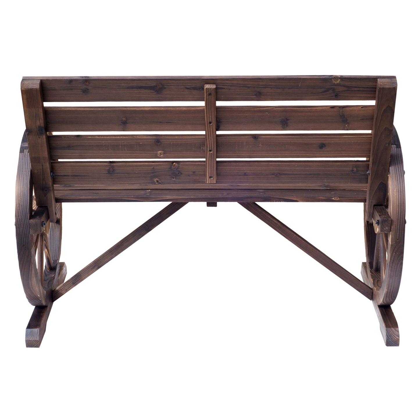 Linifi Wood Brown Rustic 2 Seater Garden Bench With Wagon Wheel Arms And High Back