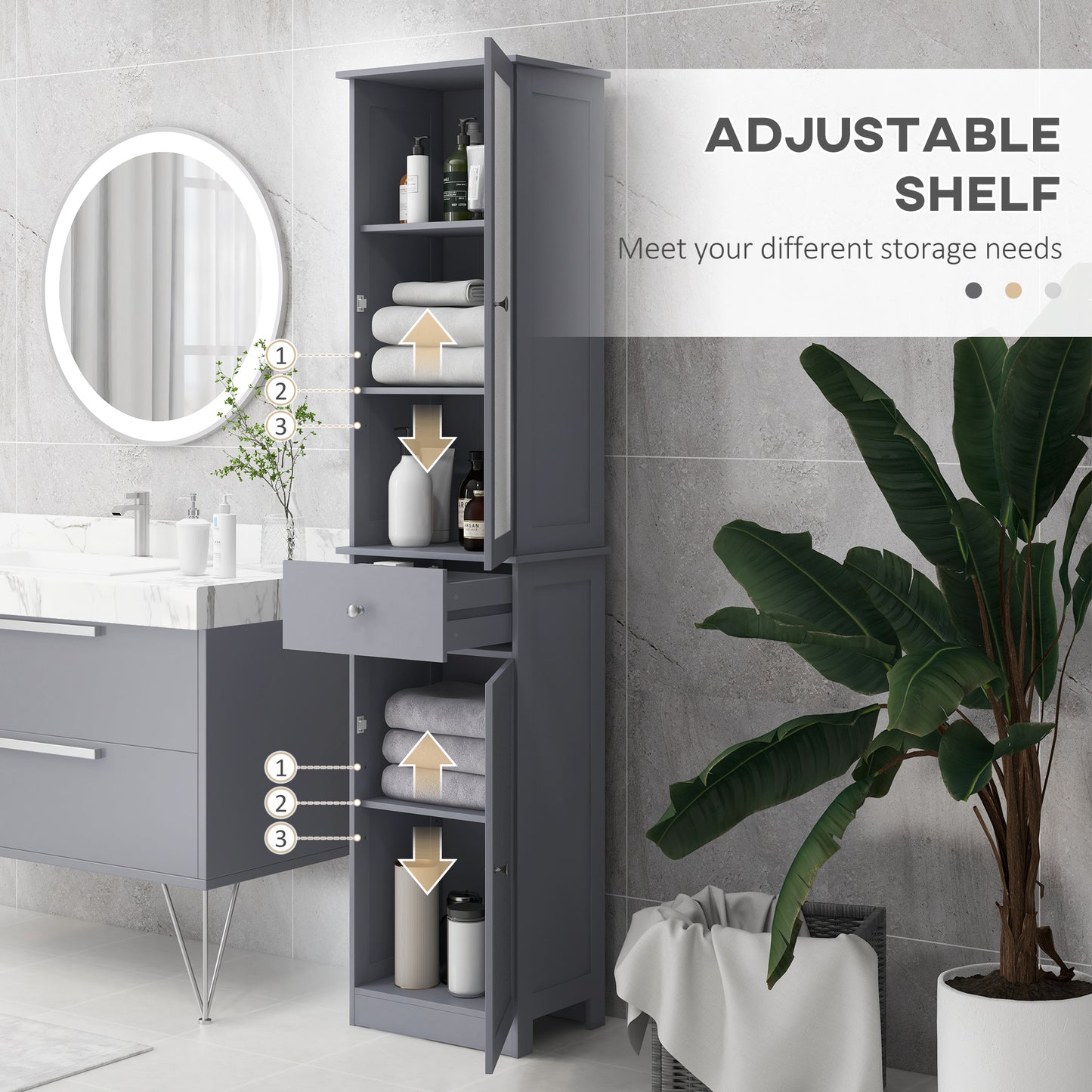 Zira Tall Slim Grey Bathroom Storage Cabinet With Shelves Drawer And Door