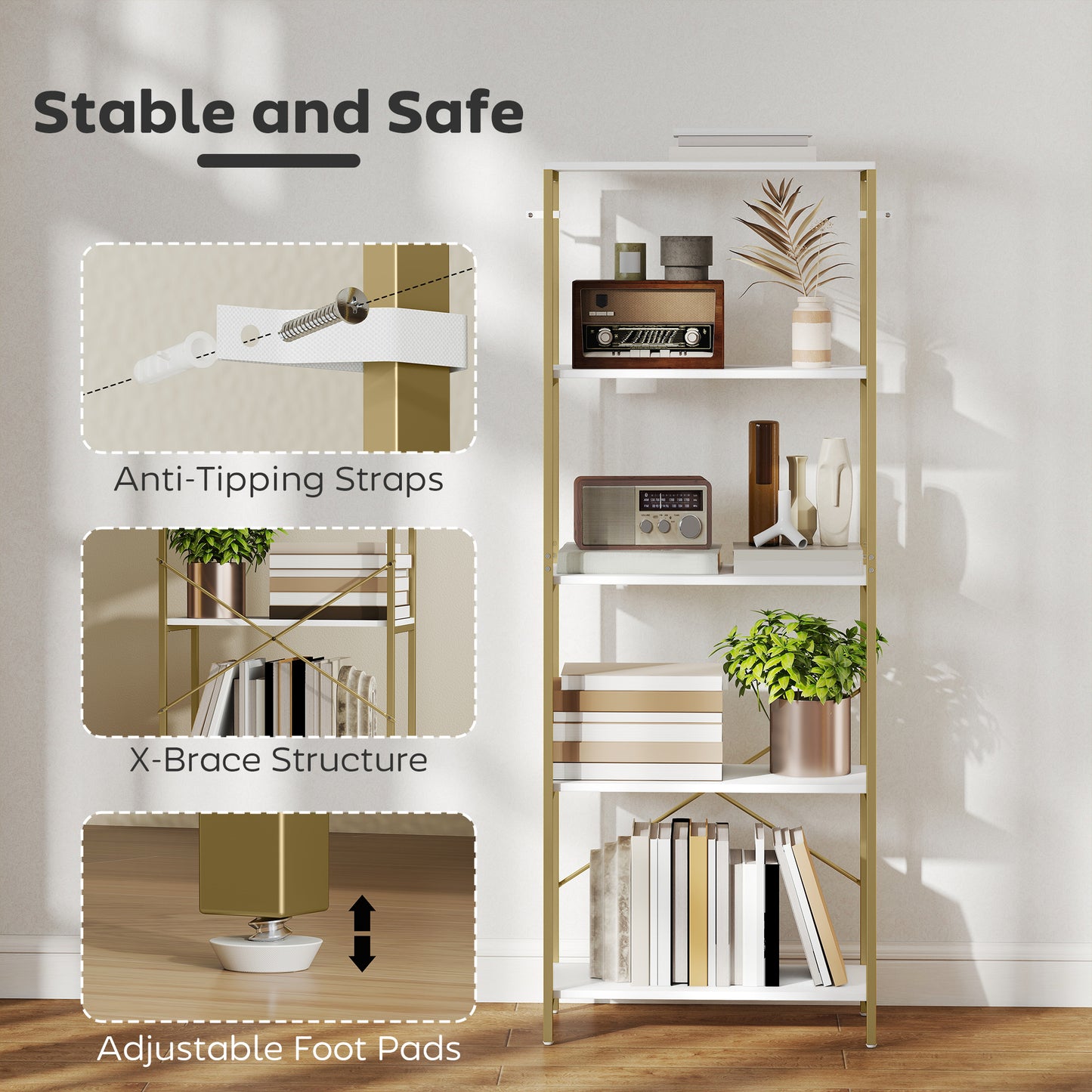Lazila Metal And Wood White And Gold Tone 5 Tier Modern Bookcase