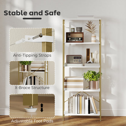 Lazila Metal And Wood White And Gold Tone 5 Tier Modern Bookcase