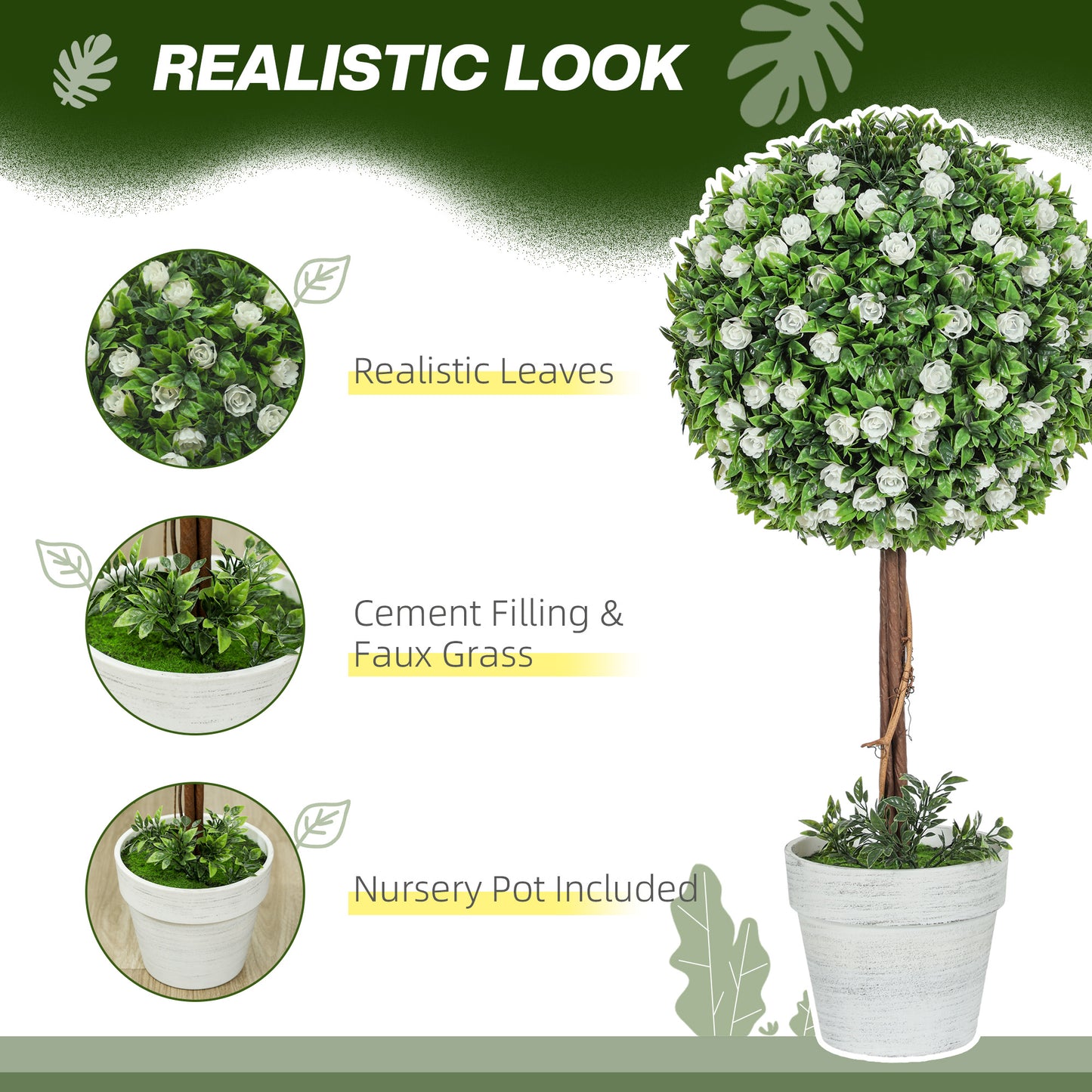 Rahafi Set Of 2 Artificial Rose Flower Topiary Ball Trees In Pots H8 60cm White